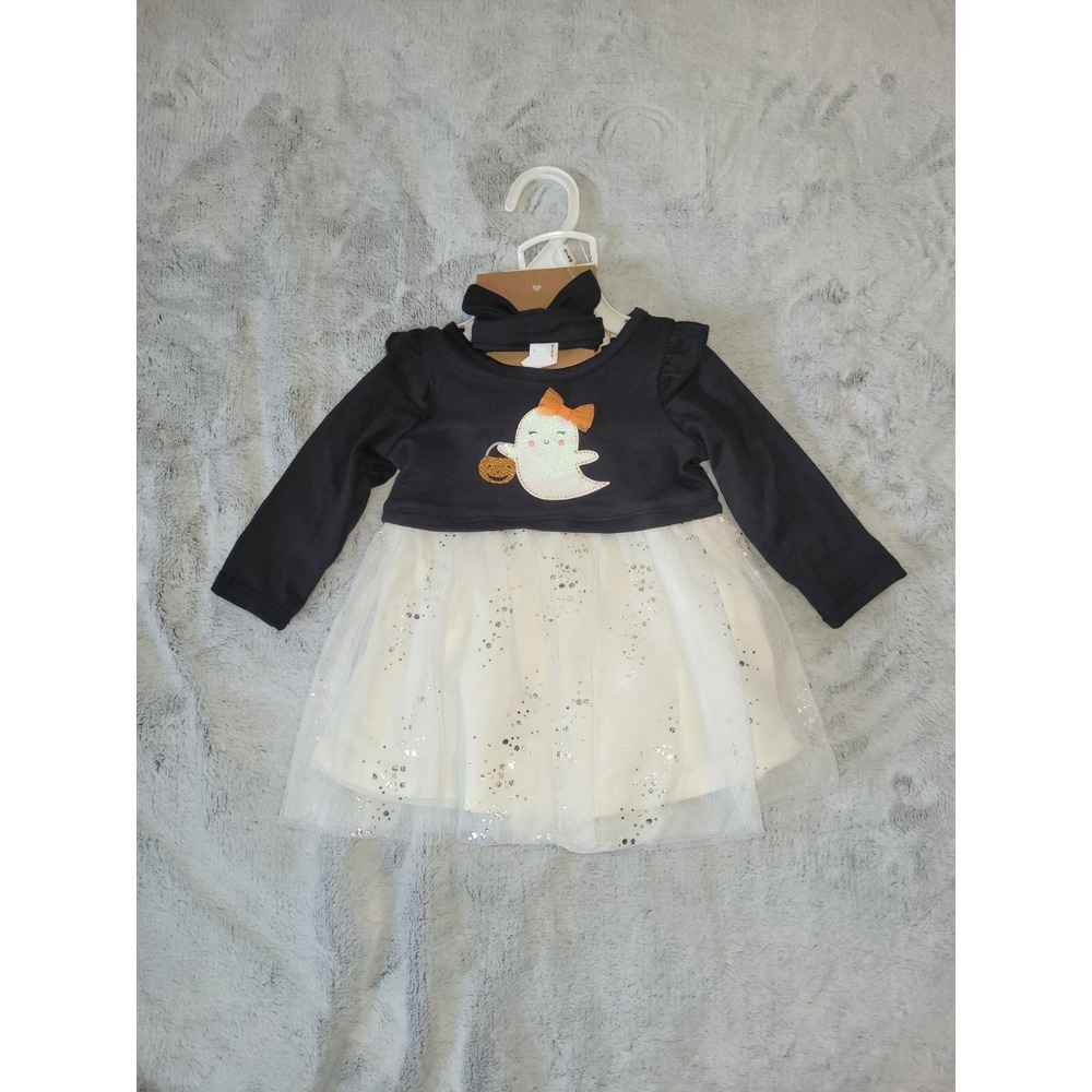 Baby Girl Size 3-6 Months Halloween Ghost Long Sleeve Dress W/Bloomers Headband